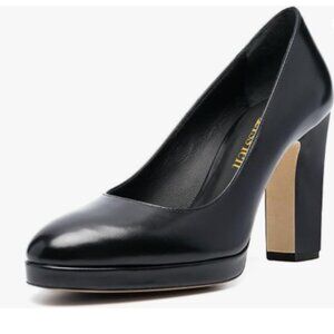 miss left Black Platform Closed Almond Toe Pumps Classic Slip On Block Heel Shoe
